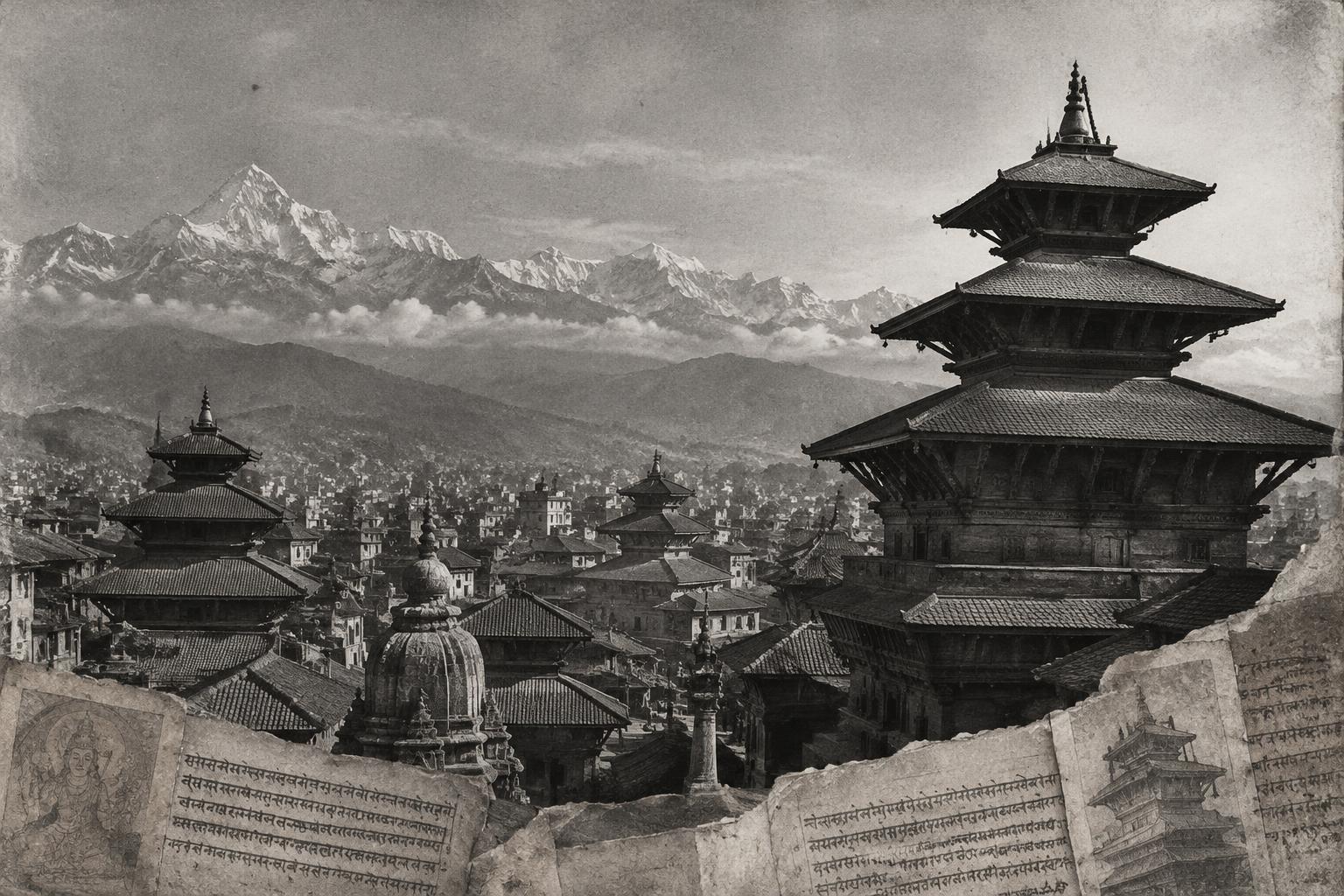 An archival-inspired view of Nepal’s Himalayan peaks, traditional pagoda temples and handwritten manuscripts